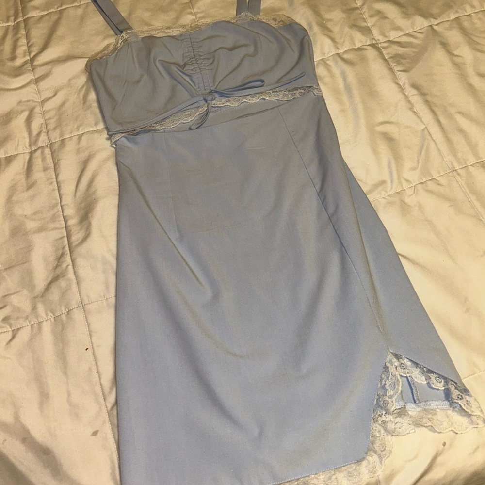 Cider Light Blue Mini Dress with Lace Trim